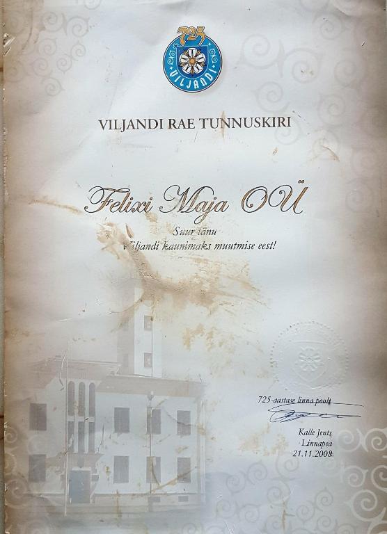 Majutusasutuses Felixi Maja olev sertifikaat, autasu, silt või muu dokument