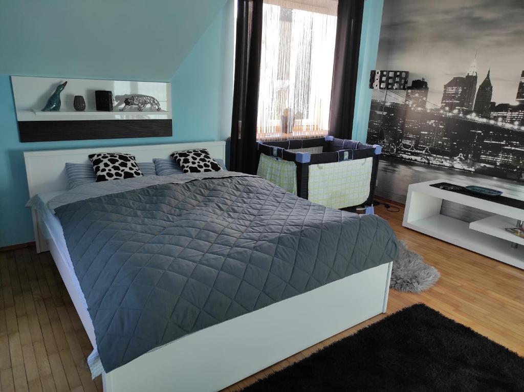 Un dormitorio con una cama y una ventana grande. en U Agnieszki, en Krynica-Zdrój