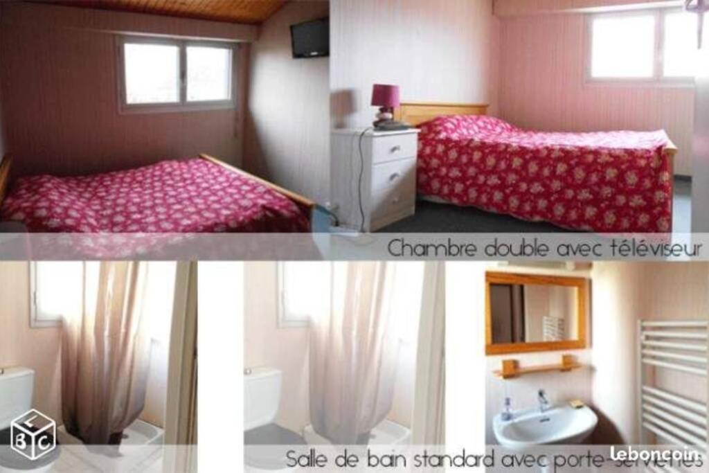2 fotos de un dormitorio con 2 camas y lavamanos en MAISON T2 WIFI Parking Privé Les Sables d'Olonne 9mn à Pied Plage Présidents, en La Rudelière