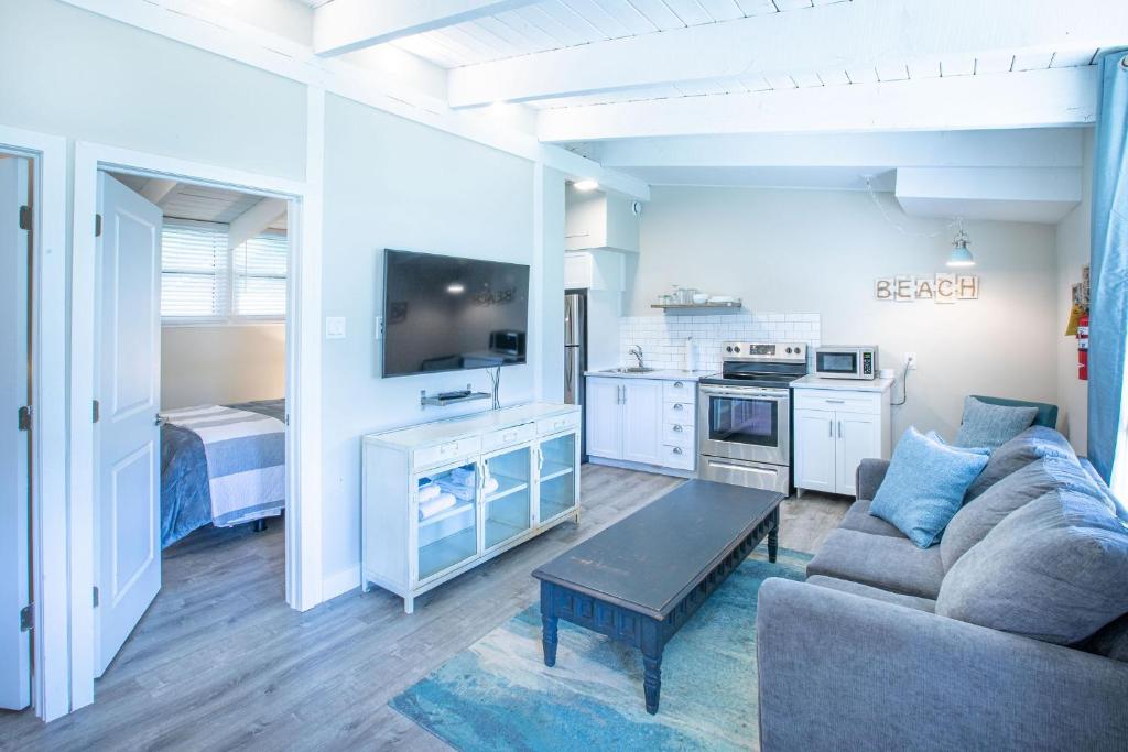 een woonkamer met een bank en een tv en een keuken bij 2BR Boutique Suite #8 in Blue Mountains