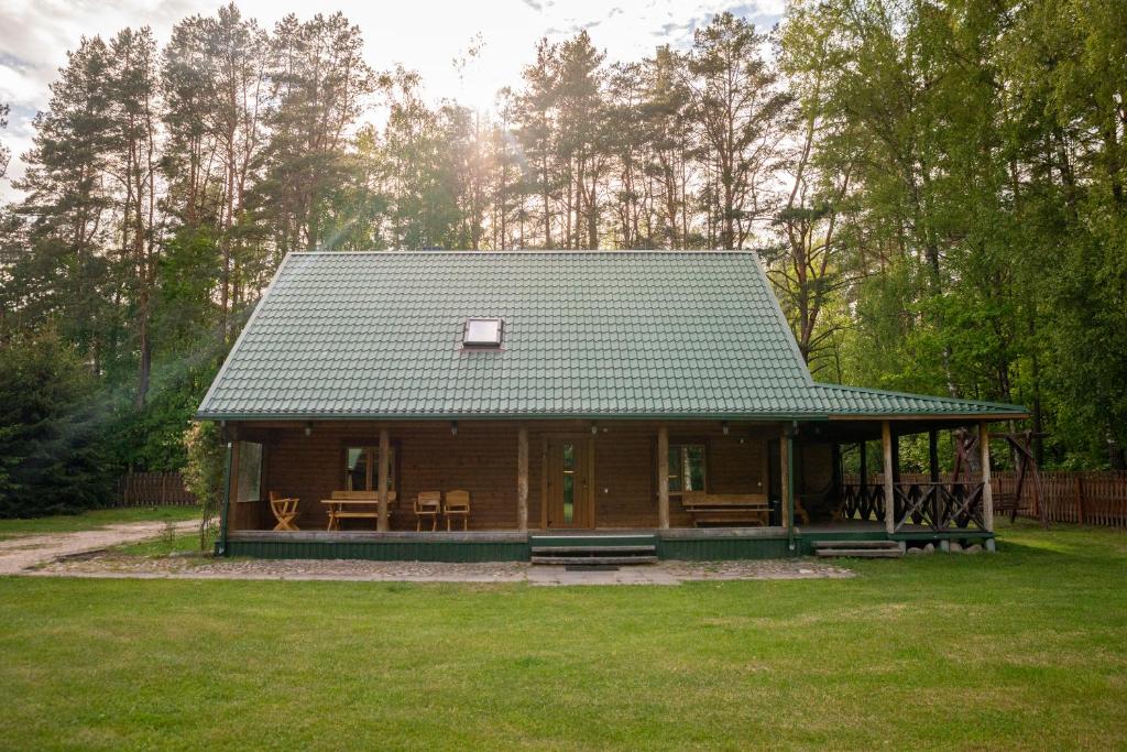 Cabaña de madera pequeña con techo verde en Pas Kaziuką namas-sodyba, en Ignalina