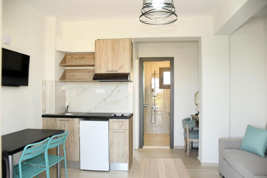 Kuchyň nebo kuchyňský kout v ubytování Theano Luxury Suites Nikiti