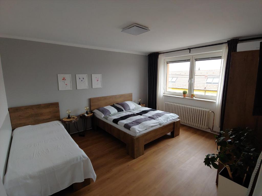 a bedroom with a bed and a window at Apartmán Lenka in Boršice