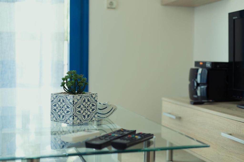 a glass table with a vase with a plant on it at Sunset Home Crete in Paránimfoi