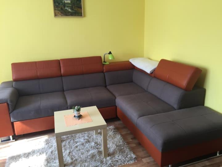 a living room with a couch and a coffee table at Cały apartament nad jeziorem in Drawno