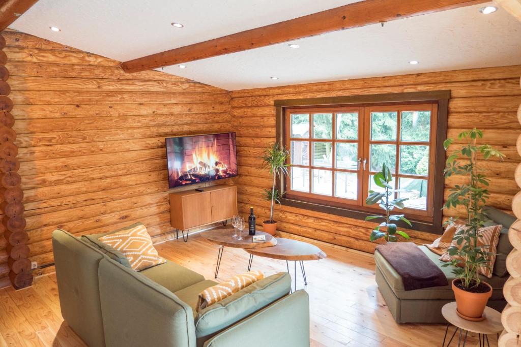 een woonkamer met houten lambrisering en een televisie bij Ferienhaus Naturliebe in Winterberg