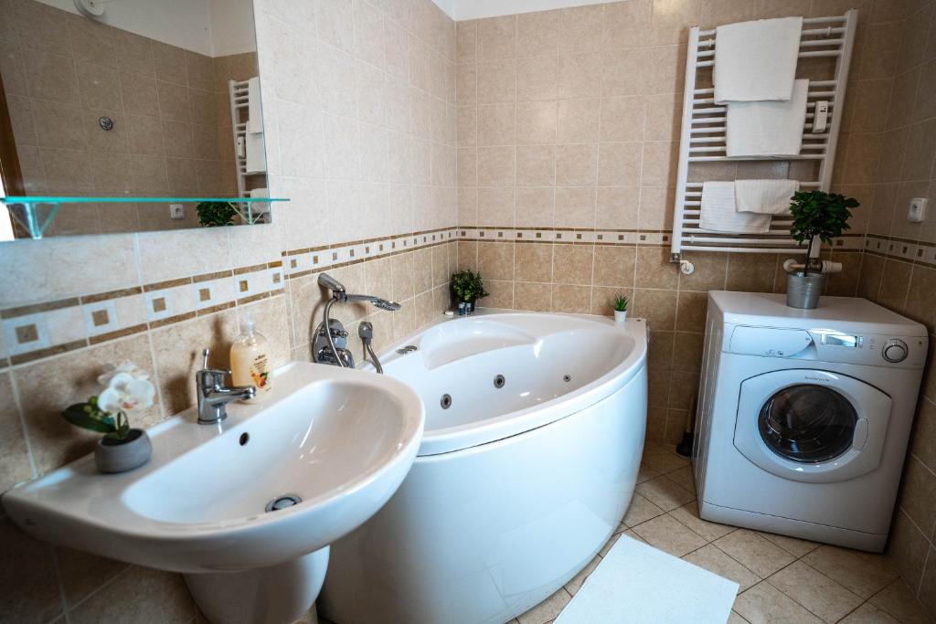 W łazience znajduje się wanna, umywalka i pralka. w obiekcie Apartmán Svatý Petr w Szpindlerowym Młynie