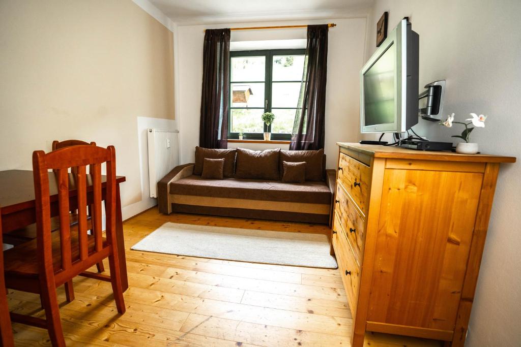 salon z kanapą i telewizorem na komodzie w obiekcie Apartmán Svatý Petr w Szpindlerowym Młynie
