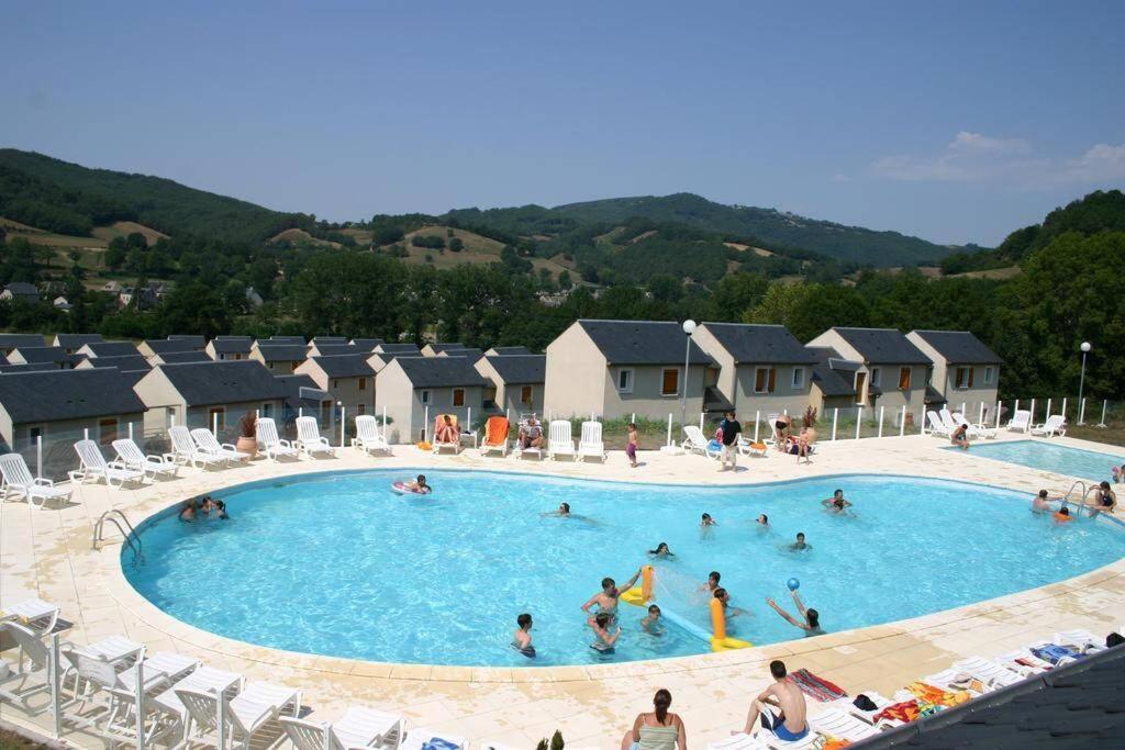 un groupe de personnes dans une grande piscine dans l'établissement Appart T2 Village vacance 3 étoiles St Geniez d'Olt 2 piscines chauffées, à Pierrefiche
