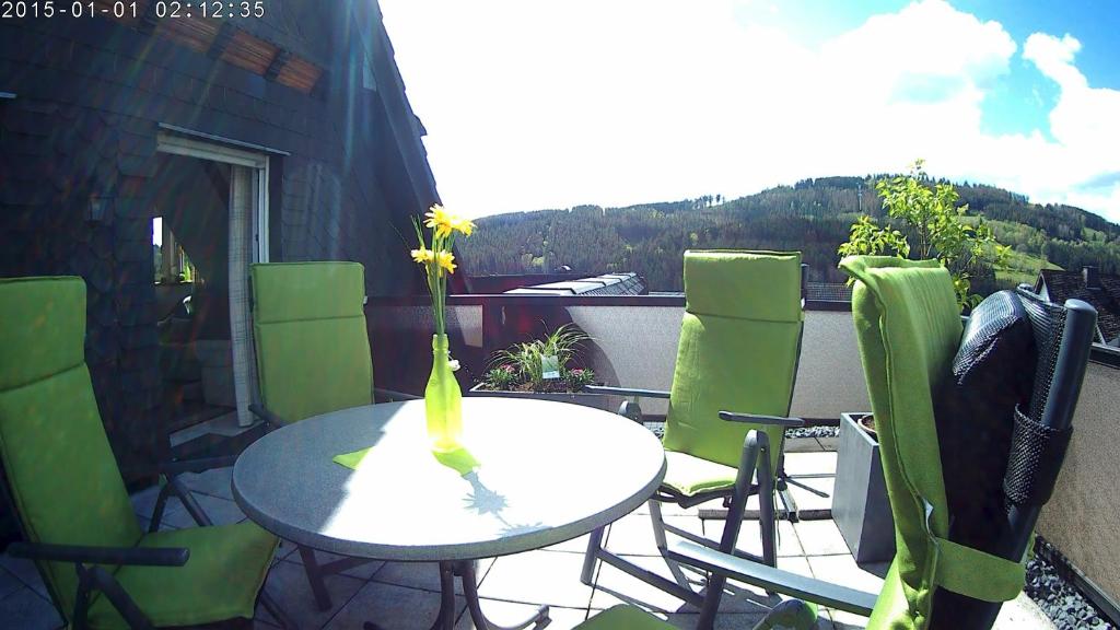 Panoramablick Ferienwohnung Luge Winterberg Sauerland في وينتربرغ: مزهرية مع وردة على طاولة على شرفة