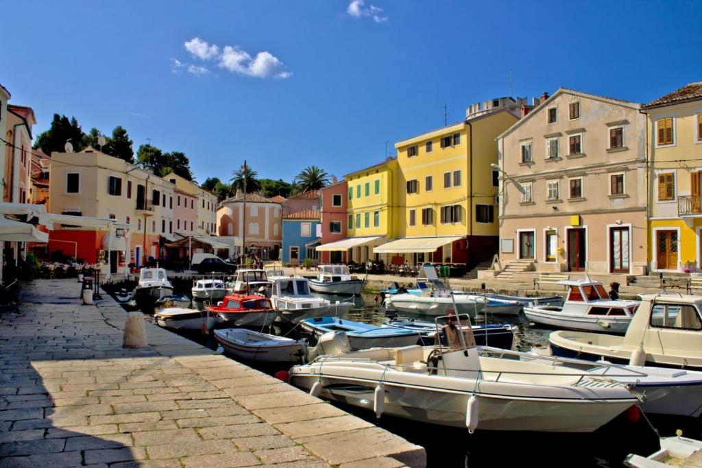 een groep boten aangemeerd in een haven met gebouwen bij Guesthouse Losinj (4241) in Mali Lošinj