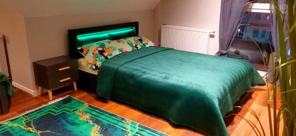 sypialnia z łóżkiem z zieloną kołdrą w obiekcie Apartamenty Green&Blue w Węgorzewie- GREEN w Węgorzewie