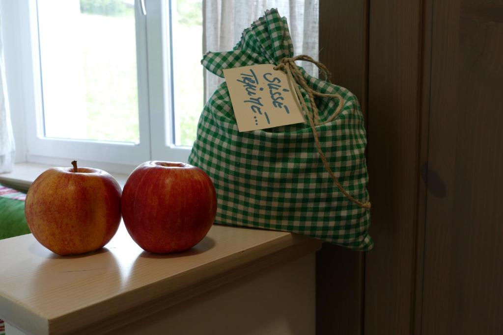 two apples sitting on a window sill next to a bag at Pension Geissler-Reicher in Oberwölz Stadt