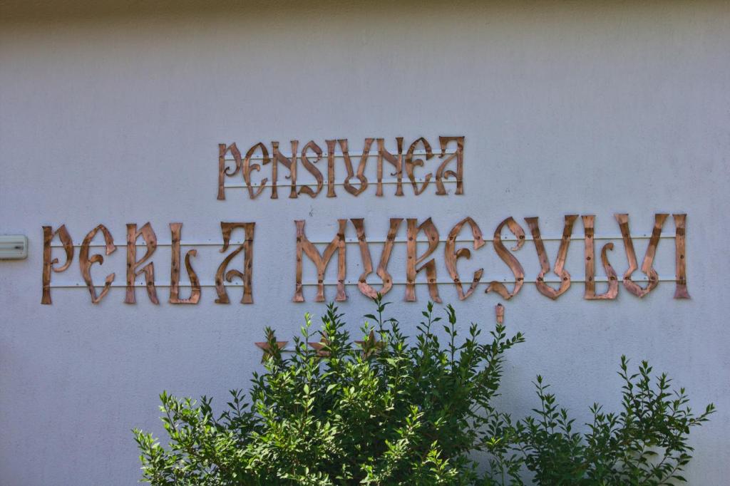 Znak na ścianie z napisem w obiekcie Perla Muresului w mieście Alba Iulia