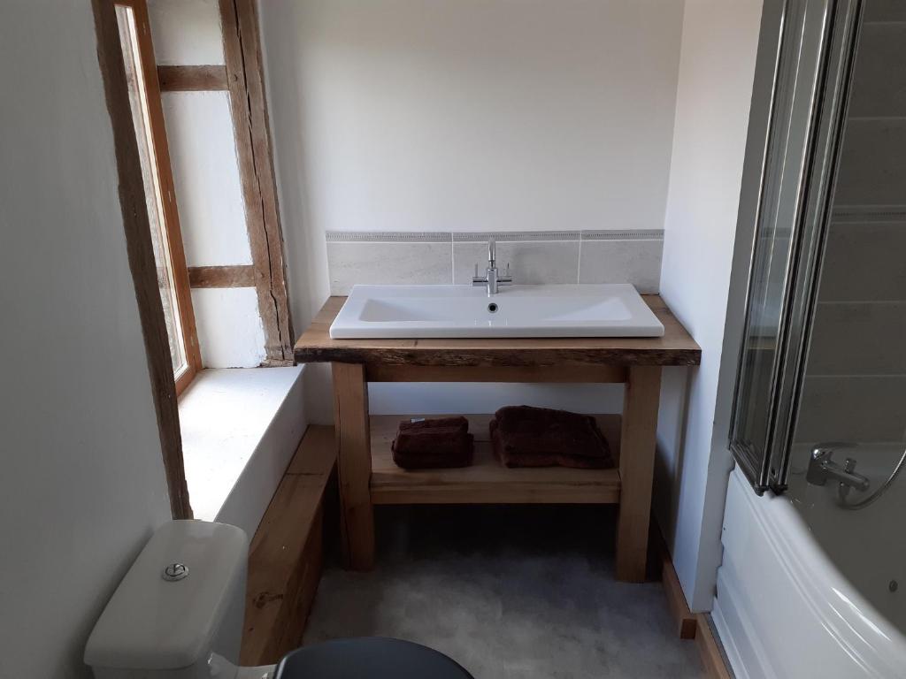 ein Bad mit einem Waschbecken und einem WC in der Unterkunft Chambre d&#39;hôtes de puy faucher in Arrènes