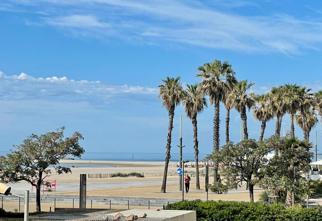 un groupe de palmiers sur la plage dans l'établissement Appartement en bord de Mer, à Sète