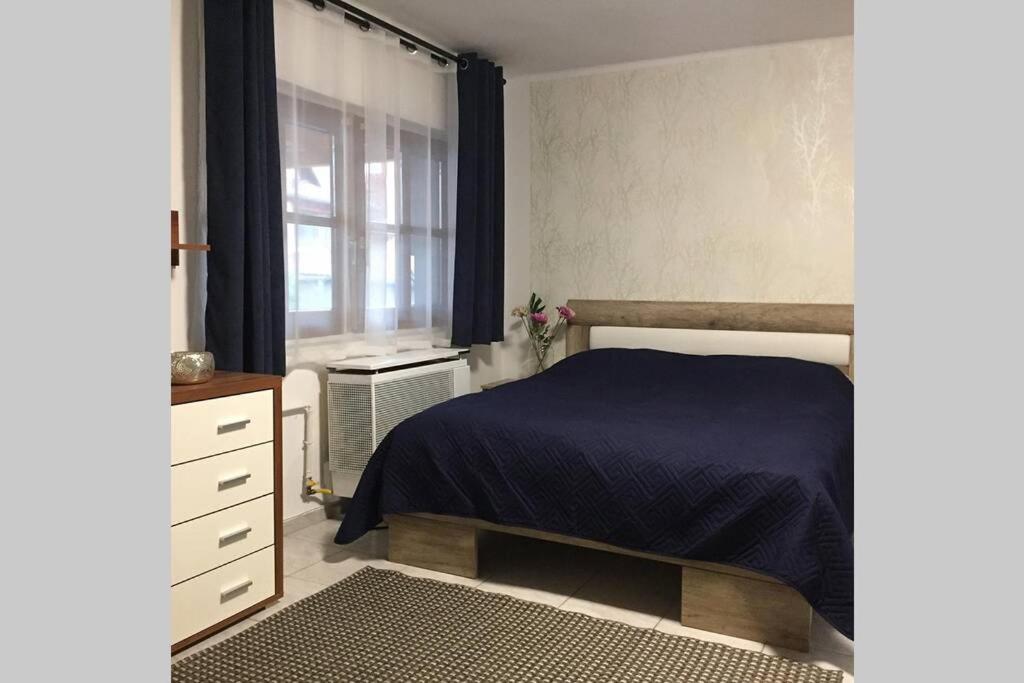 een slaapkamer met een bed, een dressoir en een raam bij JAndi apartman in Hévíz