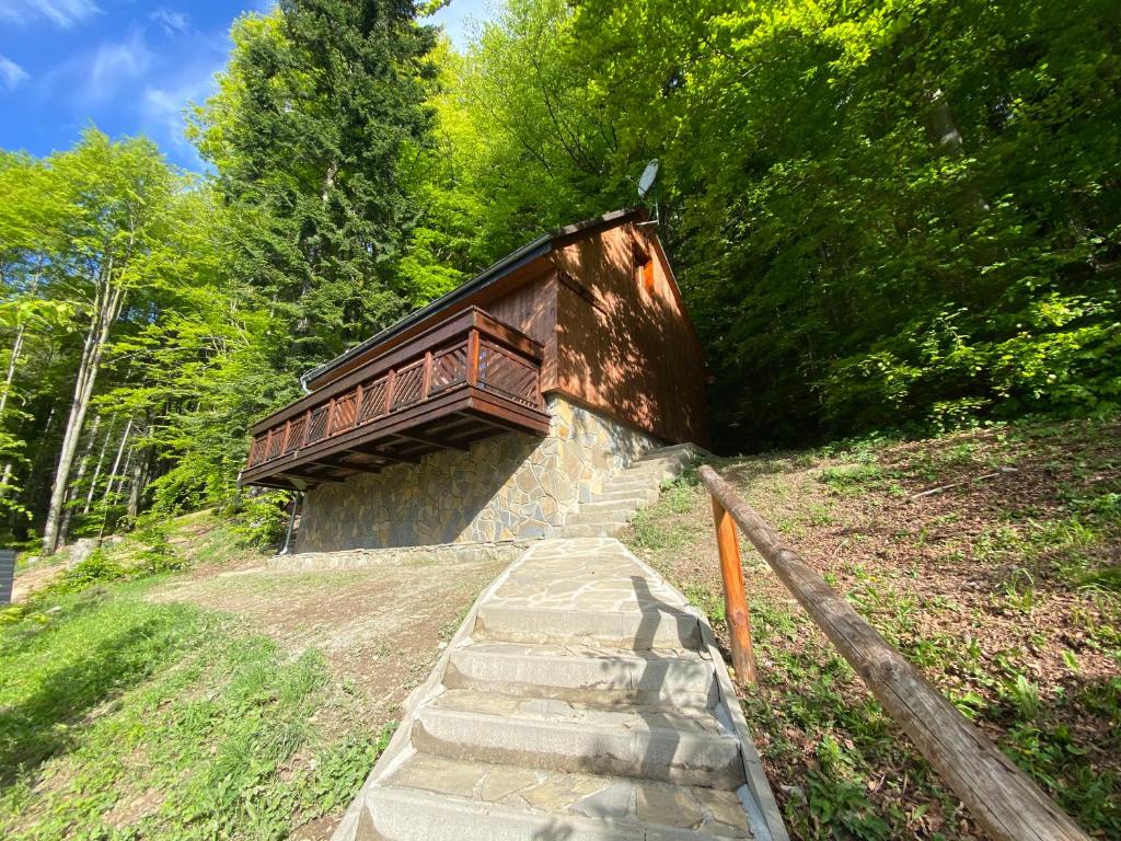 una scala in pietra che conduce a un edificio con tetto in legno di Chata Zuzana a Terchová