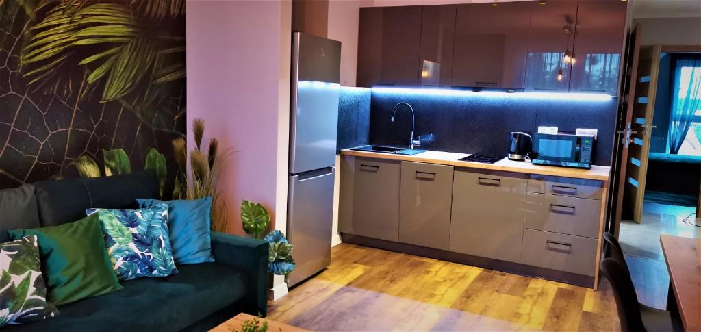 salon z kanapą i kuchnią w obiekcie Apartamenty Green&Blue w Węgorzewie- GREEN w Węgorzewie