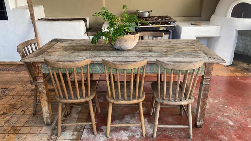Una mesa de madera con sillas y una planta en maceta encima. en Casa incrível na beira do rio Caraíva, en Caraíva