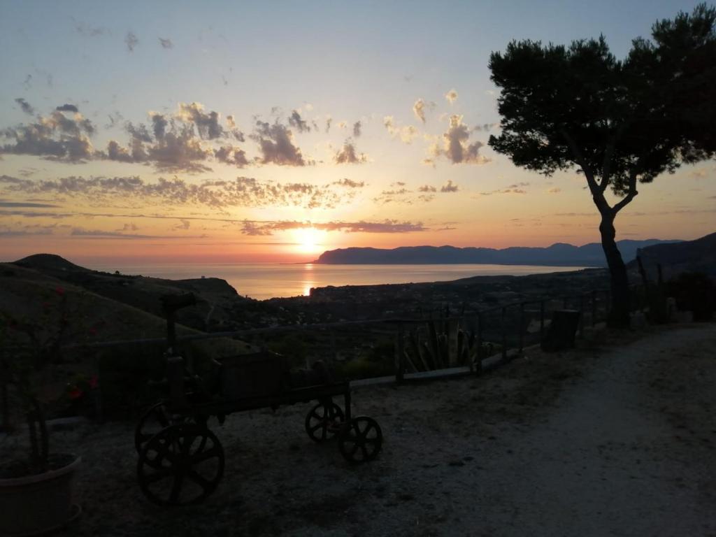 a sunset with a bike parked next to a tree at Agriturismo Finazzo in Balata di Baida
