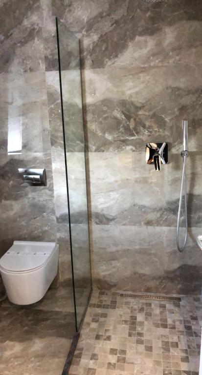 a bathroom with a toilet and a glass shower stall at HOTEL BAR RESTORANT YLLI in Shëngjin