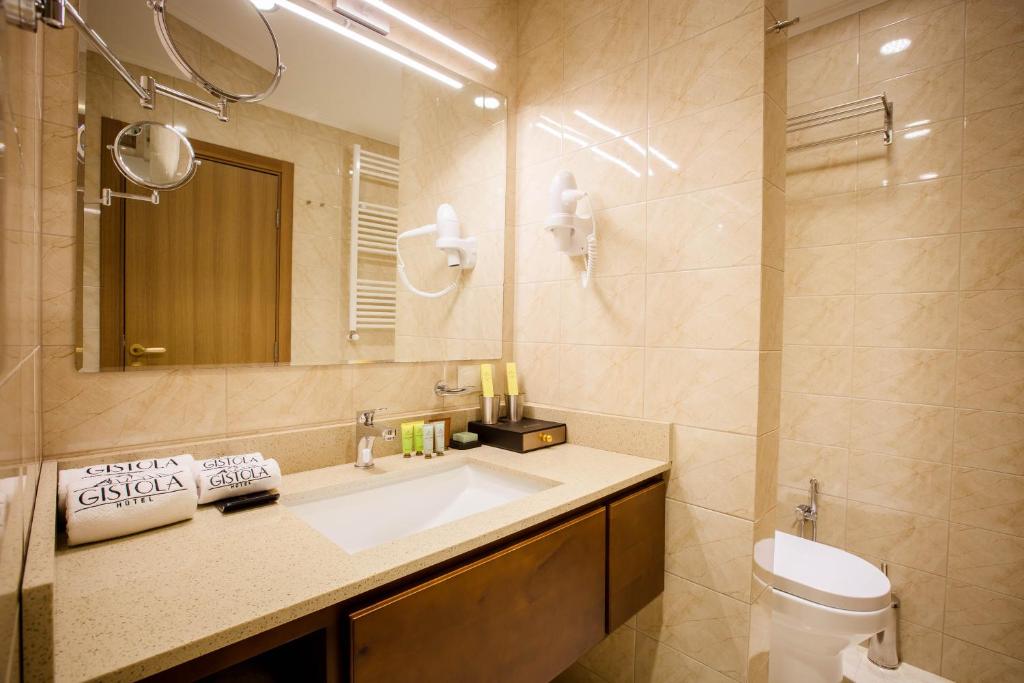 a bathroom with a sink and a mirror and a toilet at Gistola Hotel Mestia in Mestia
