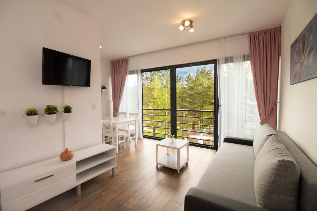 - un salon avec un canapé et une grande fenêtre dans l'établissement Apartman Kaćun - Divčibare, à Divčibare