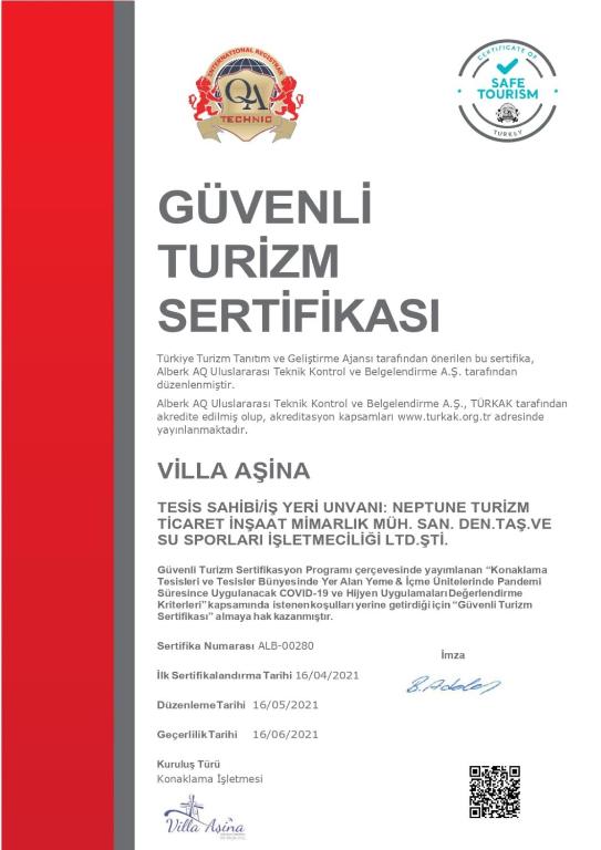 Certifikát, hodnocení, plakát nebo jiný dokument vystavený v ubytování Datca Villa Asina