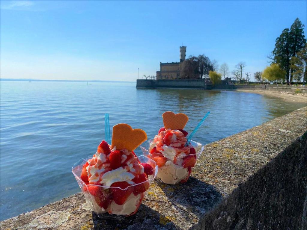 dos conos de helado sentados en una pared junto al agua en Ferienwohnung Seehase - LA, en Langenargen