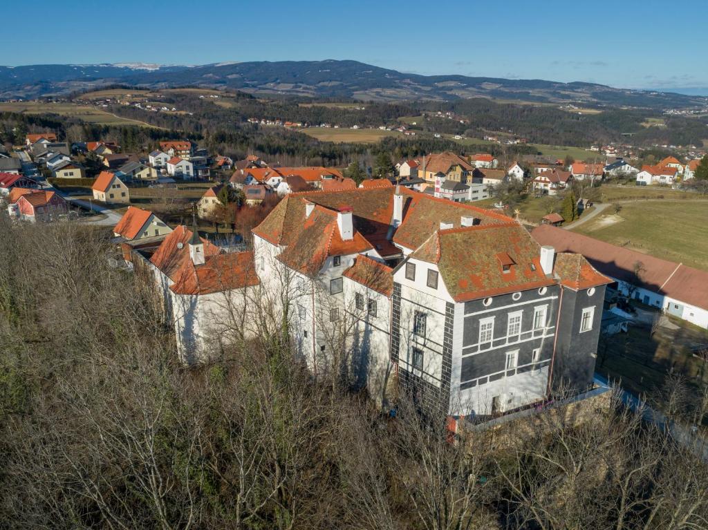 eine Luftansicht einer Stadt mit Häusern in der Unterkunft Schloß Aichberg in Eichberg