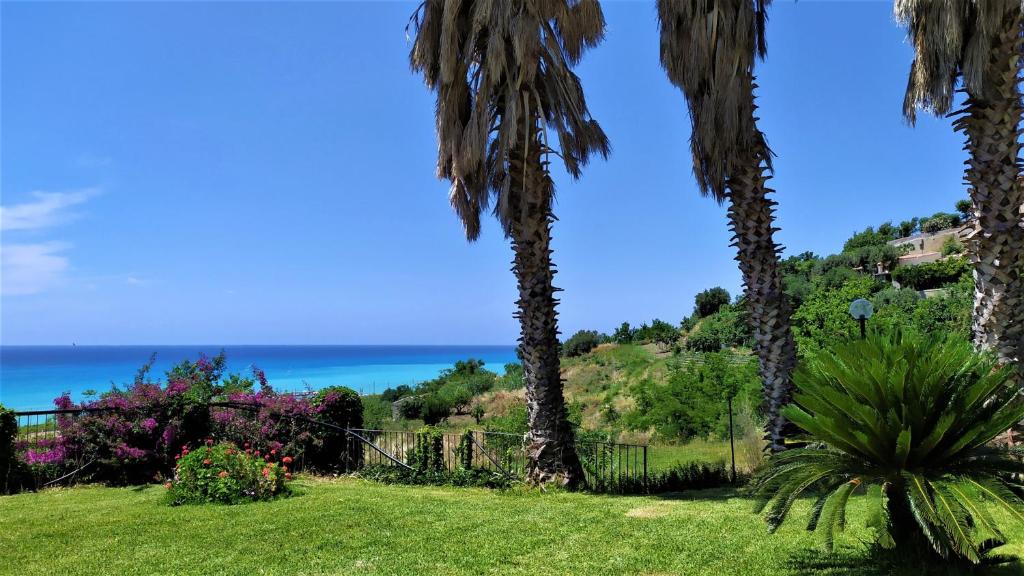 a view of the ocean from a lawn with palm trees at Sunset Lodge in Paola