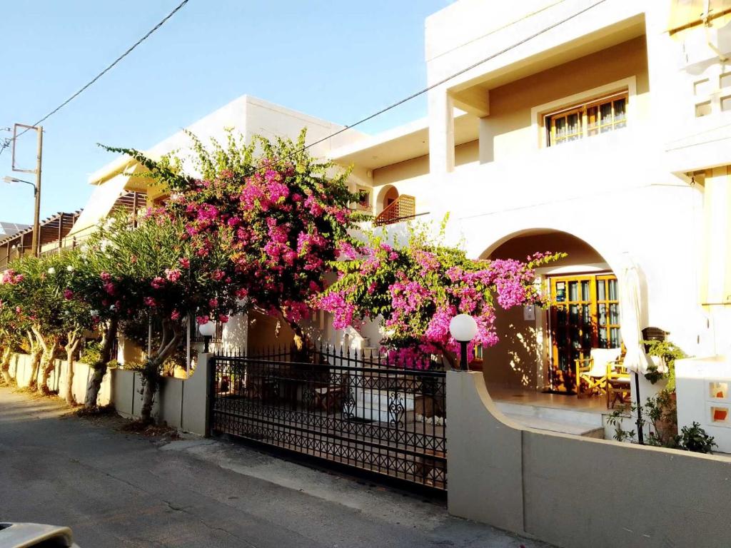 a building with flowers hanging from a fence at Irini Apartments in Platanias