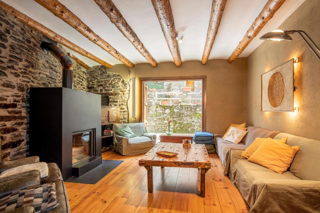 a living room with a couch and a fireplace at Casa Mora Vall Fosca in Central