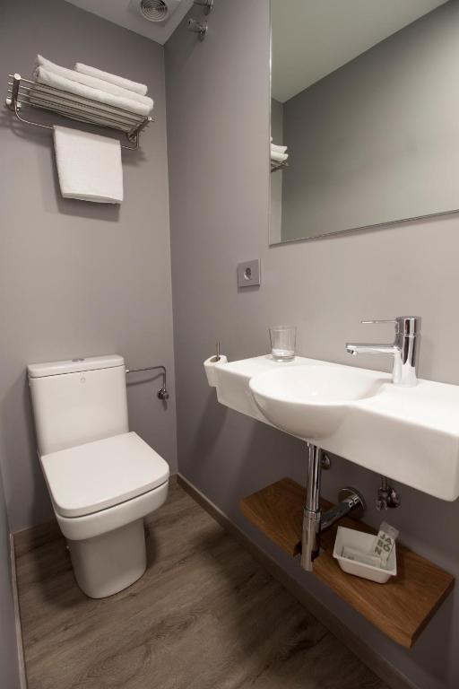 Un baño con inodoro, lavabo y espejo. en Pensión San Martin, en San Sebastián