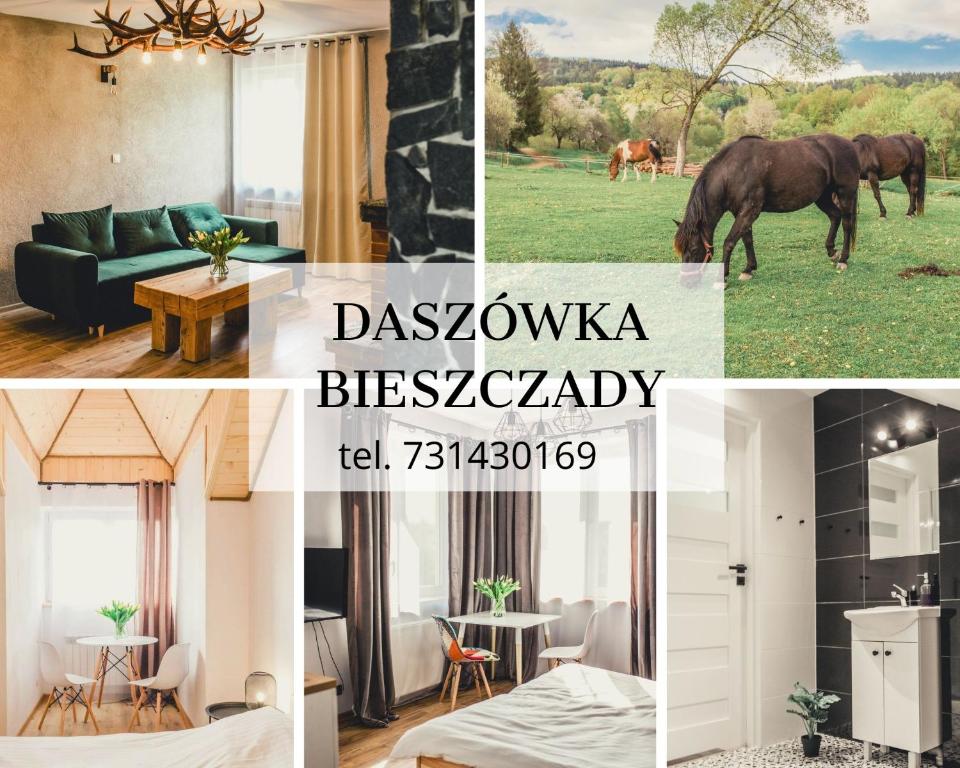 een collage van foto's van een kamer met een paard bij Daszówka Bieszczady in Ustrzyki Dolne
