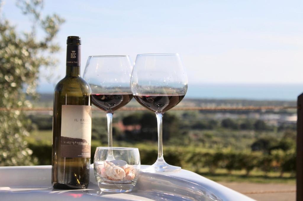 Agriturismo Suite del Conte في سان فينتْشينسو: كأسين من النبيذ وزجاجة من النبيذ