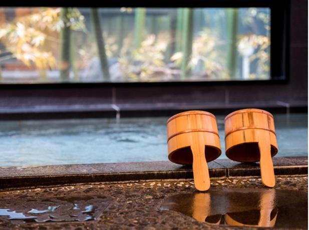 due sandali arancioni seduti accanto a una piscina d'acqua di Super Hotel Yonago Ekimae a Yonago