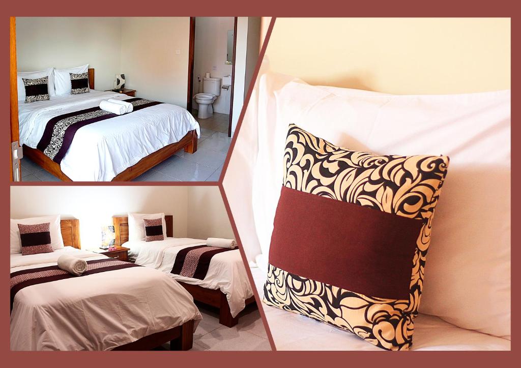 two pictures of a hotel room with two beds at Sweet Corner Guest House in Sanur