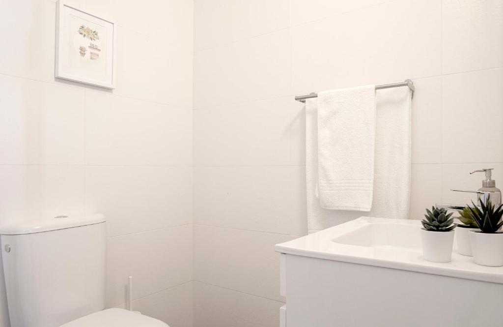 um banheiro branco com um vaso sanitário e uma pia em Casas Peralta - Marialva em Arouca