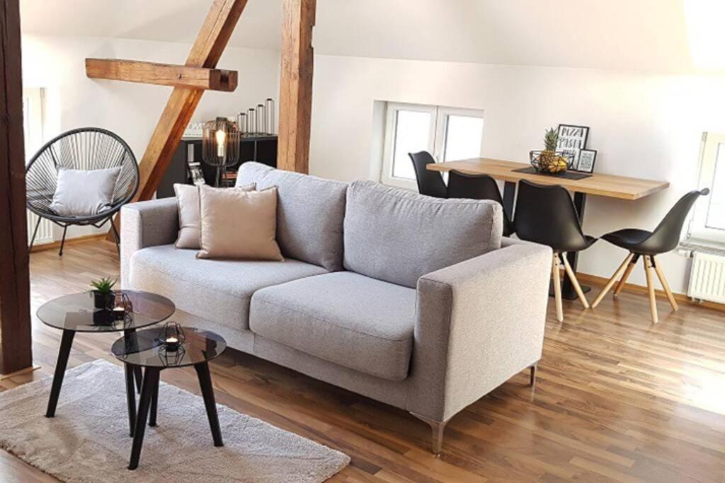 ein Wohnzimmer mit einem Sofa und einem Tisch in der Unterkunft Kempten - Lebendig und voller Geschichte in Kempten