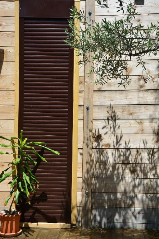 a brown door on a wooden building with a plant at OLEA COTTAGE in Ulcinj