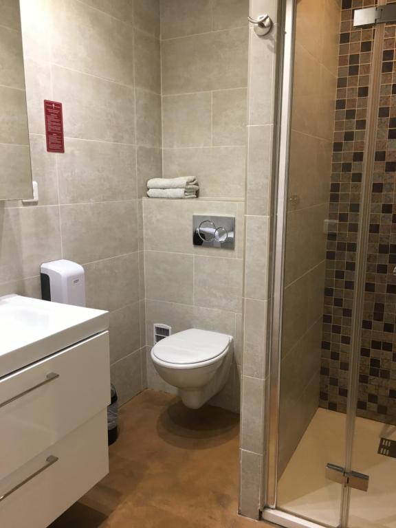 a bathroom with a toilet and a shower at Les Alcyons in Le Lavandou