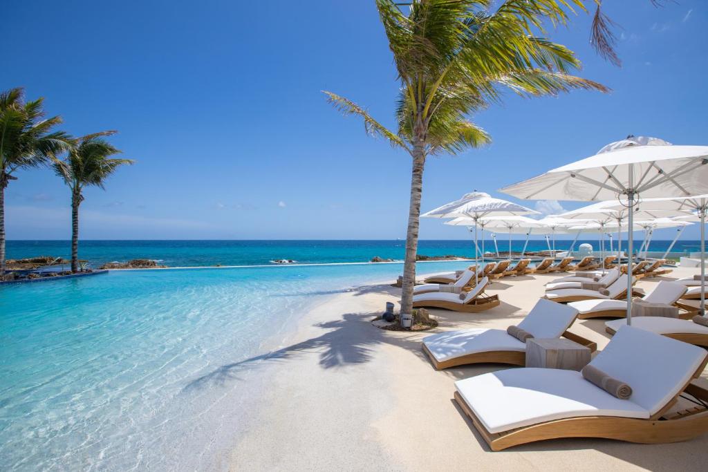 辛普森灣的住宿－The Morgan Resort Spa & Village，海滩上的一组躺椅和遮阳伞