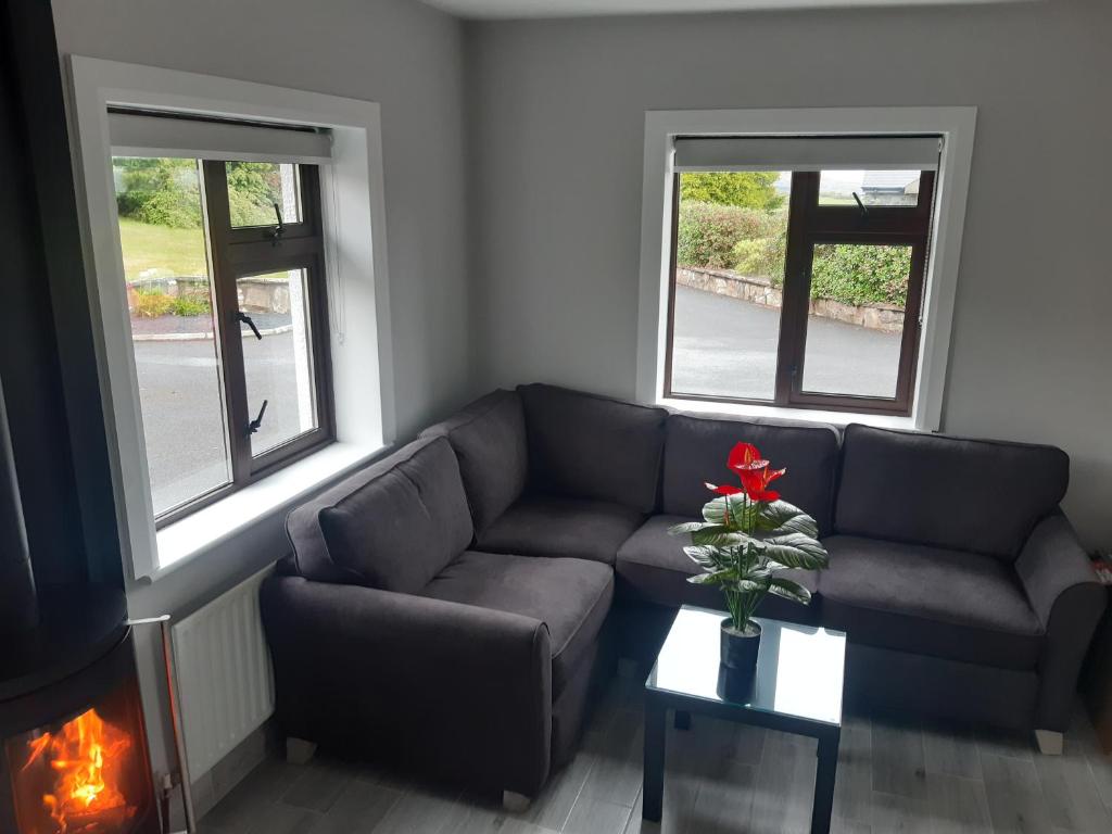 ein Wohnzimmer mit einem Sofa und einem Tisch mit einer roten Blume in der Unterkunft Ben Breen House Apartment in Crockaunroe
