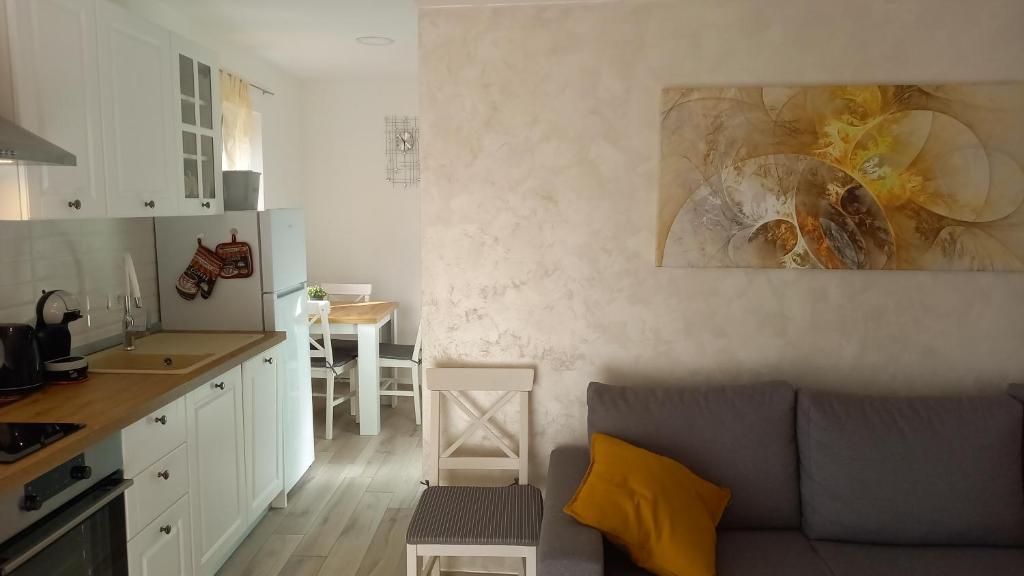 a living room with a gray couch and a kitchen at App Parenzana in Grožnjan