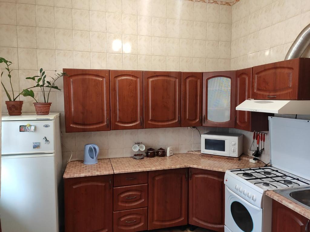 a kitchen with wooden cabinets and a white refrigerator at Holiday Home u Tetiany in Kamianets-Podilskyi