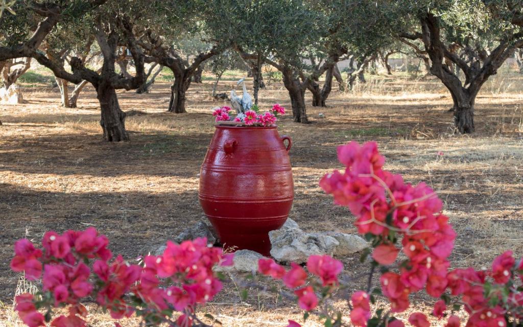 eine rote Vase neben rosa Blumen in der Unterkunft Xirouchakis farm in Kissamos