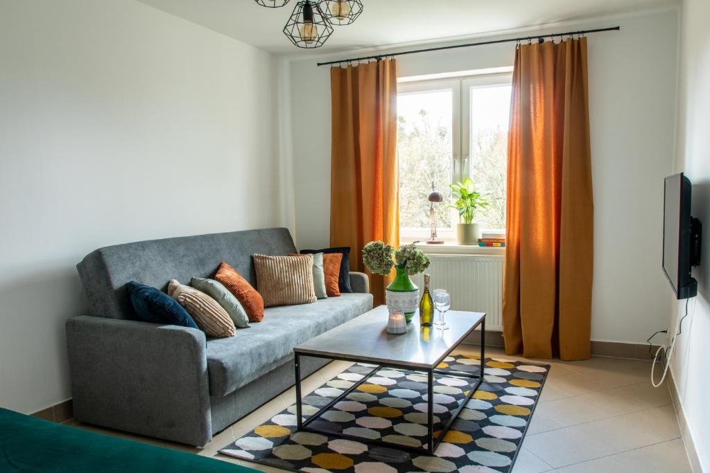 salon z kanapą i stołem w obiekcie Apartamenty Starówka w Olsztynie