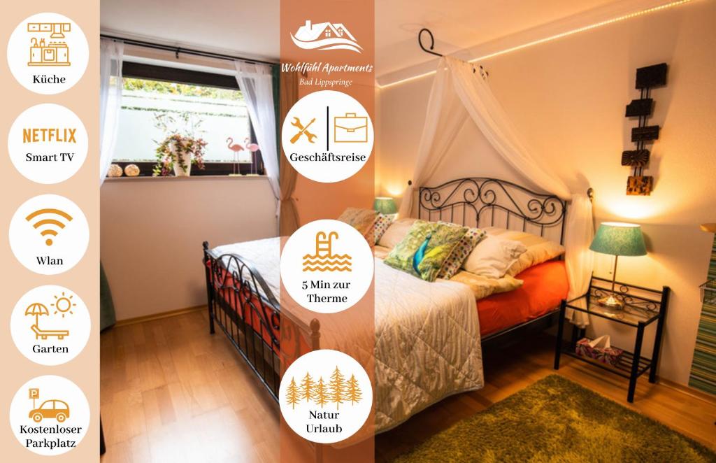 Zimmer mit einem Bett, einem Fenster und einem Himmelbett in der Unterkunft Erholungskellerchen in Bad Lippspringe